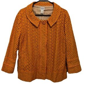 Chico's Orange Blossom 3 Eyelet Linen Blend‎ Jacket Coat Collared Floral Bright